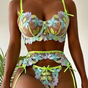 New Embroidered flowers & neon tone delicate  see through lingerie bra